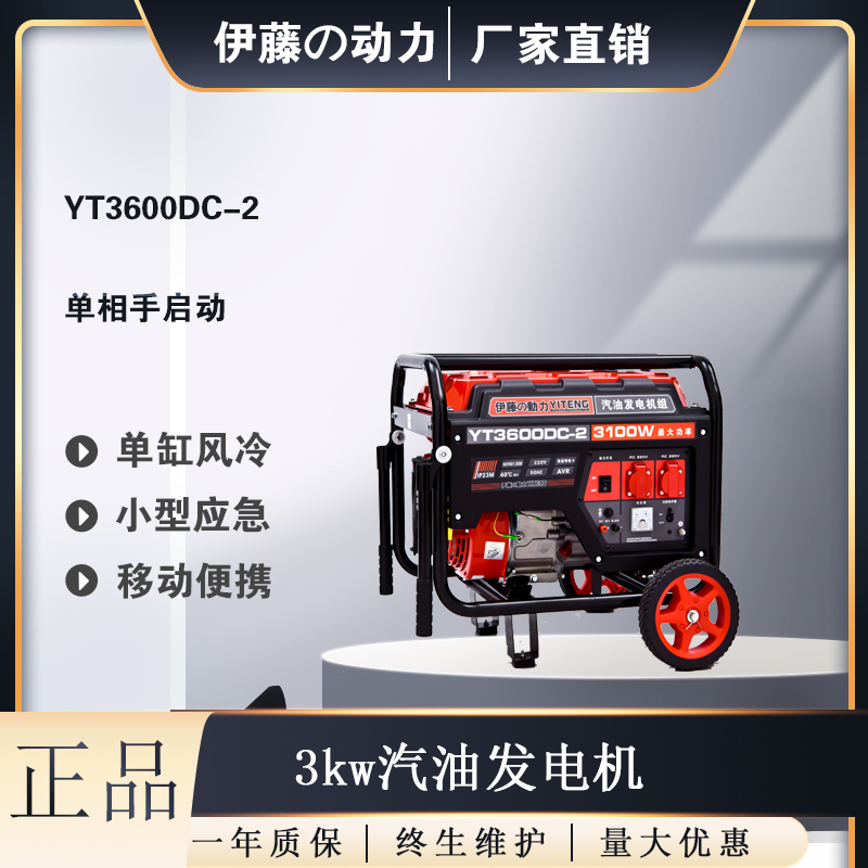 移动便携式3kw汽油发电机YT3600DC-2单相220V